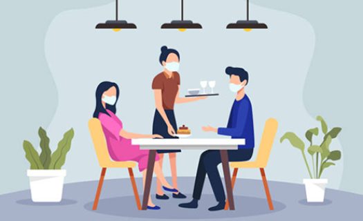 New normal scene at restaurant, Men and women in cafe or restaurant. Waiter wearing medical mask and client. Vector in a flat style